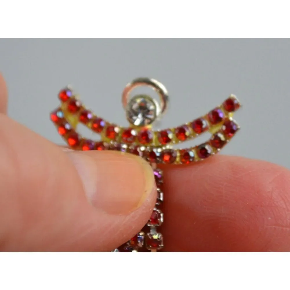 Vintage Silver Tone Jeweled Angel‎ Tac Pin Red Rhinestones & 1 Clear  1.25